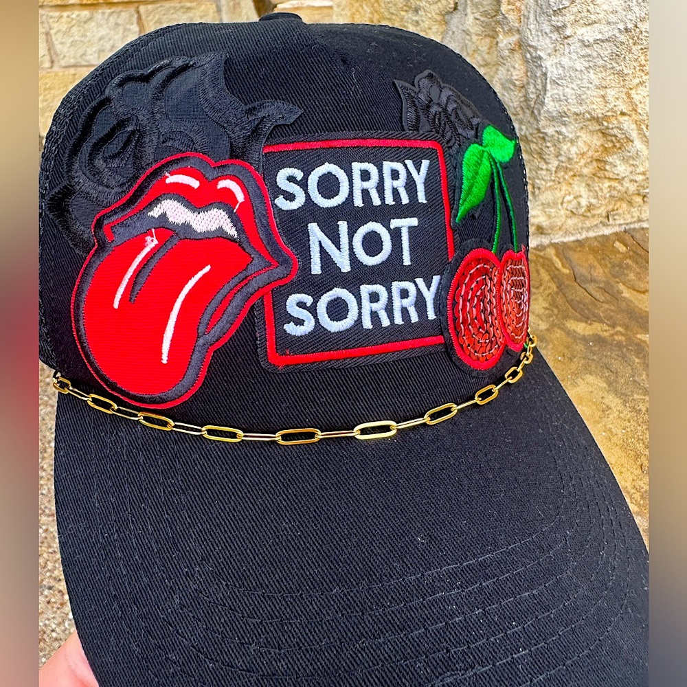 Sorry Not Sorry Black Cherry Mouth Rose Patch with Gold Chain Trucker Hat Cap
